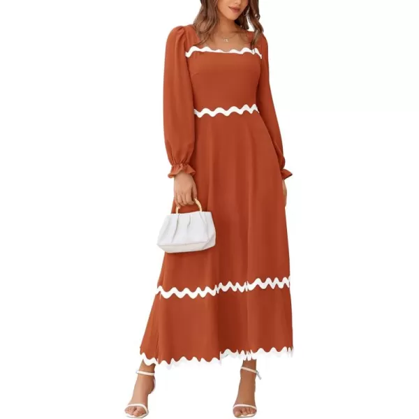 BTFBM RIC Rac Dress Women Maxi Dress Square Neck Long Sleeve Smocked Tie Back ALine Flowy Fall Wedding Guest DressesSolid Brick Red