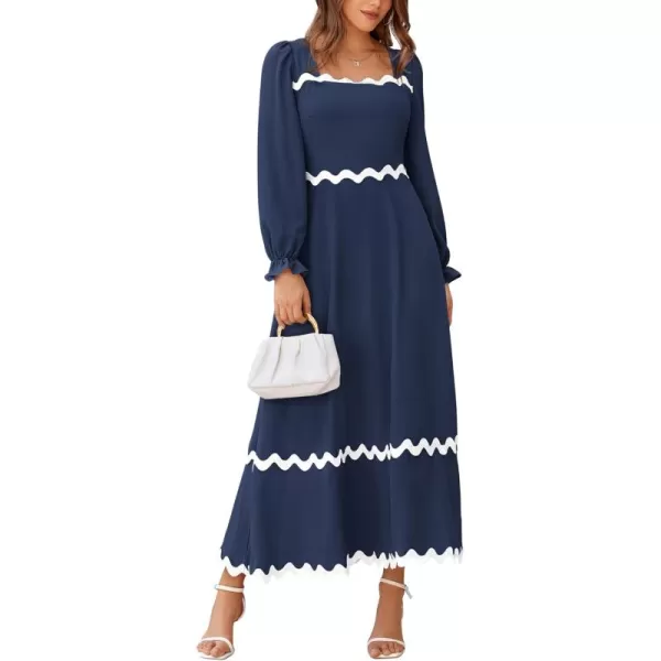BTFBM RIC Rac Dress Women Maxi Dress Square Neck Long Sleeve Smocked Tie Back ALine Flowy Fall Wedding Guest DressesSolid Navy