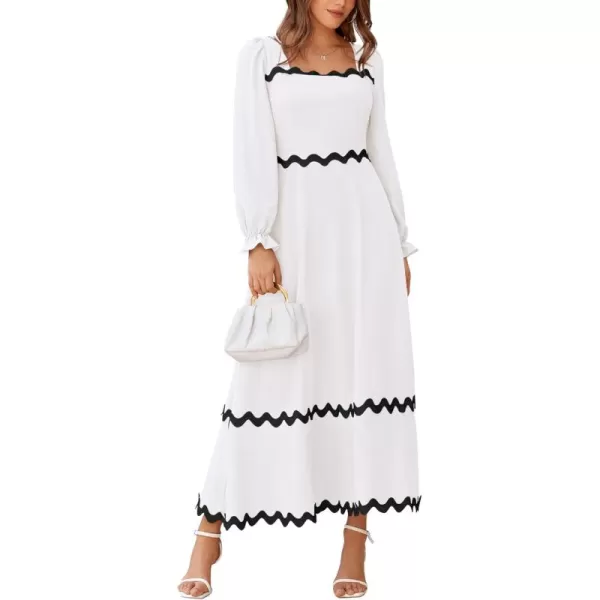 BTFBM RIC Rac Dress Women Maxi Dress Square Neck Long Sleeve Smocked Tie Back ALine Flowy Fall Wedding Guest DressesSolid White Black