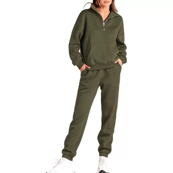 BTFBM Women 2 Piece Tracksuits Fall Winter 14 Zip Sweatshirt Jogger Pants Matching Lounge Sets Thick Sweatsuits PocketsSolid Army Green