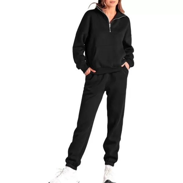 BTFBM Women 2 Piece Tracksuits Fall Winter 14 Zip Sweatshirt Jogger Pants Matching Lounge Sets Thick Sweatsuits PocketsSolid Black