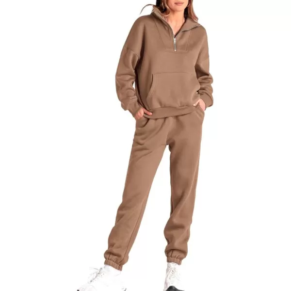 BTFBM Women 2 Piece Tracksuits Fall Winter 14 Zip Sweatshirt Jogger Pants Matching Lounge Sets Thick Sweatsuits PocketsSolid Dark Khaki