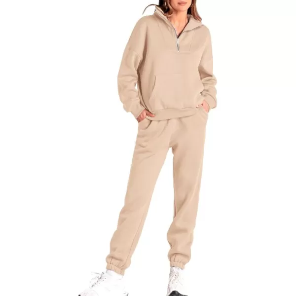 BTFBM Women 2 Piece Tracksuits Fall Winter 14 Zip Sweatshirt Jogger Pants Matching Lounge Sets Thick Sweatsuits PocketsSolid Light Khaki
