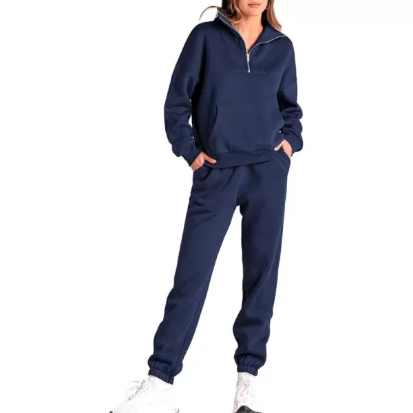 BTFBM Women 2 Piece Tracksuits Fall Winter 14 Zip Sweatshirt Jogger Pants Matching Lounge Sets Thick Sweatsuits PocketsSolid Navy