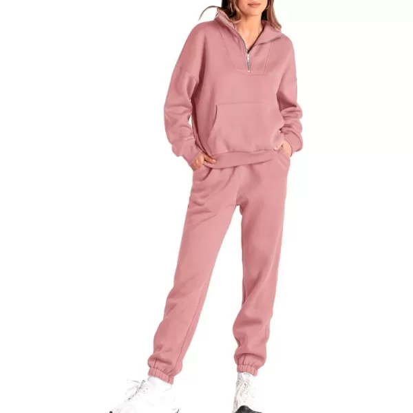 BTFBM Women 2 Piece Tracksuits Fall Winter 14 Zip Sweatshirt Jogger Pants Matching Lounge Sets Thick Sweatsuits PocketsSolid Pink