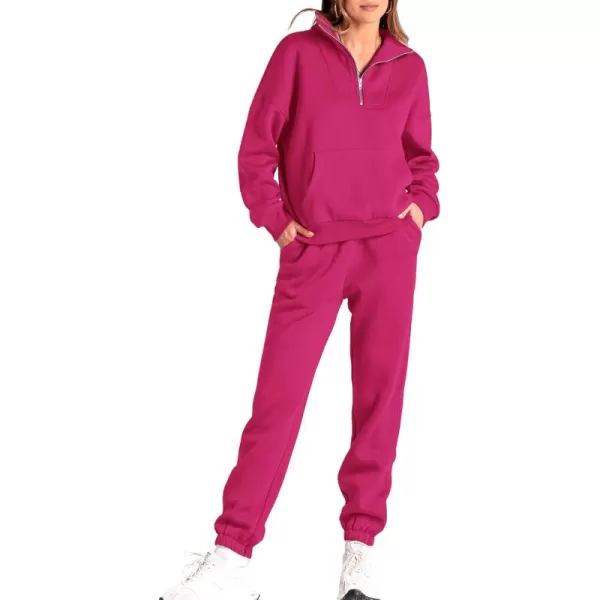 BTFBM Women 2 Piece Tracksuits Fall Winter 14 Zip Sweatshirt Jogger Pants Matching Lounge Sets Thick Sweatsuits PocketsSolid Rose Red