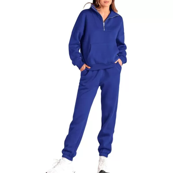 BTFBM Women 2 Piece Tracksuits Fall Winter 14 Zip Sweatshirt Jogger Pants Matching Lounge Sets Thick Sweatsuits PocketsSolid Royal Blue