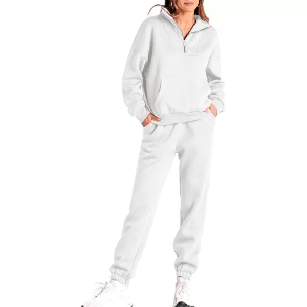 BTFBM Women 2 Piece Tracksuits Fall Winter 14 Zip Sweatshirt Jogger Pants Matching Lounge Sets Thick Sweatsuits PocketsSolid White
