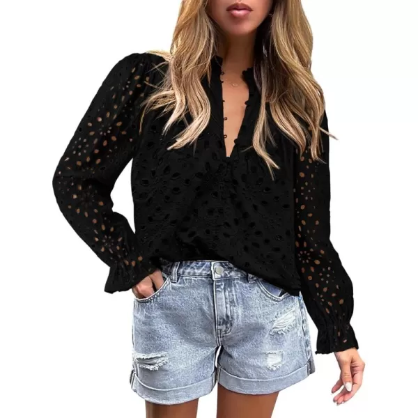 BTFBM Women Hollow Out Fall Tops 2024 Dressy Lace Eyelet Buttons V Neck Long Sleeve Casual Embroidery Boho Blouse ShirtsBlack