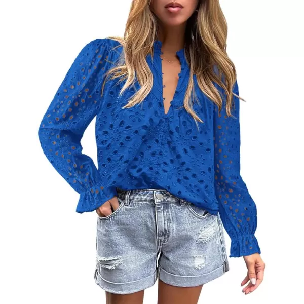 BTFBM Women Hollow Out Fall Tops 2024 Dressy Lace Eyelet Buttons V Neck Long Sleeve Casual Embroidery Boho Blouse ShirtsBrilliant Blue