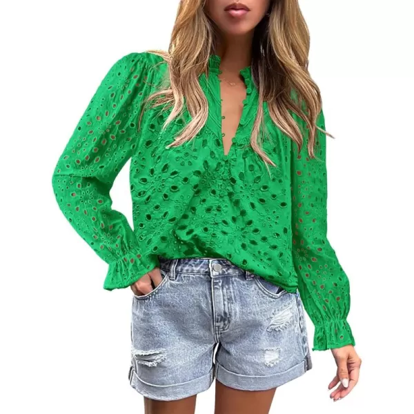 BTFBM Women Hollow Out Fall Tops 2024 Dressy Lace Eyelet Buttons V Neck Long Sleeve Casual Embroidery Boho Blouse ShirtsBrilliant Green