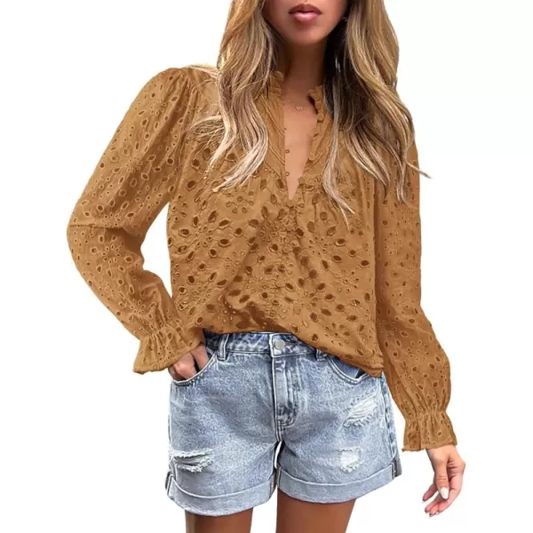 BTFBM Women Hollow Out Fall Tops 2024 Dressy Lace Eyelet Buttons V Neck Long Sleeve Casual Embroidery Boho Blouse ShirtsKhaki