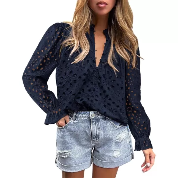 BTFBM Women Hollow Out Fall Tops 2024 Dressy Lace Eyelet Buttons V Neck Long Sleeve Casual Embroidery Boho Blouse ShirtsNavy