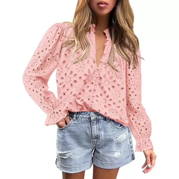BTFBM Women Hollow Out Fall Tops 2024 Dressy Lace Eyelet Buttons V Neck Long Sleeve Casual Embroidery Boho Blouse ShirtsPink