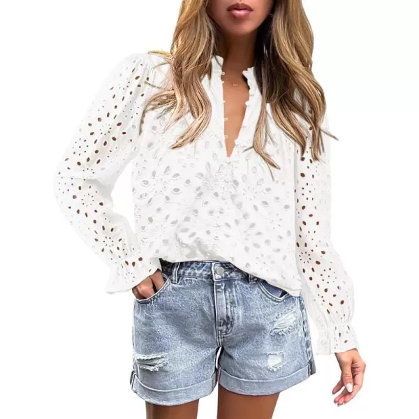 BTFBM Women Hollow Out Fall Tops 2024 Dressy Lace Eyelet Buttons V Neck Long Sleeve Casual Embroidery Boho Blouse ShirtsWhite