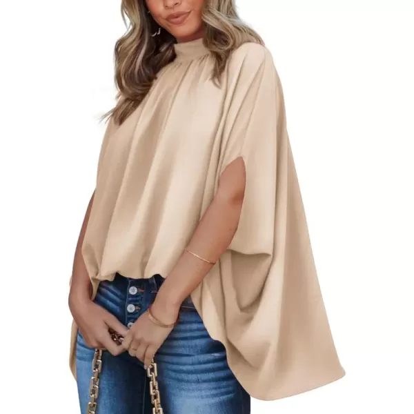 BTFBM Women Mock Neck Batwing Short Sleeve Summer Tops 2024 Spring Loose High Low Hem Casual Oversize Blouses Shirts TopSolid Beige