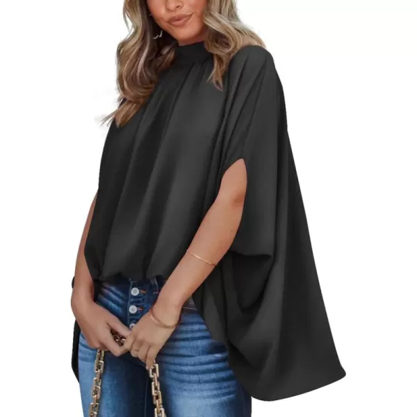 BTFBM Women Mock Neck Batwing Short Sleeve Summer Tops 2024 Spring Loose High Low Hem Casual Oversize Blouses Shirts TopSolid Black
