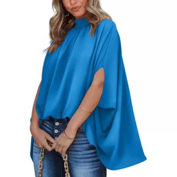 BTFBM Women Mock Neck Batwing Short Sleeve Summer Tops 2024 Spring Loose High Low Hem Casual Oversize Blouses Shirts TopSolid Blue