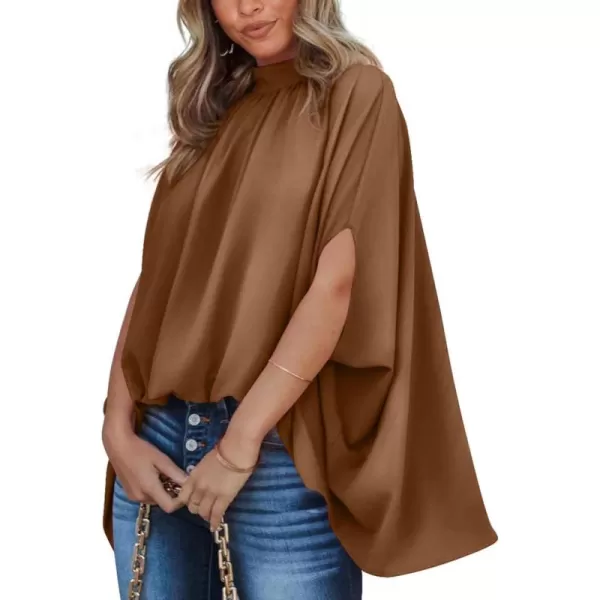 BTFBM Women Mock Neck Batwing Short Sleeve Summer Tops 2024 Spring Loose High Low Hem Casual Oversize Blouses Shirts TopSolid Brown