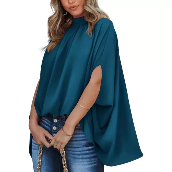 BTFBM Women Mock Neck Batwing Short Sleeve Summer Tops 2024 Spring Loose High Low Hem Casual Oversize Blouses Shirts TopSolid Dark Blue