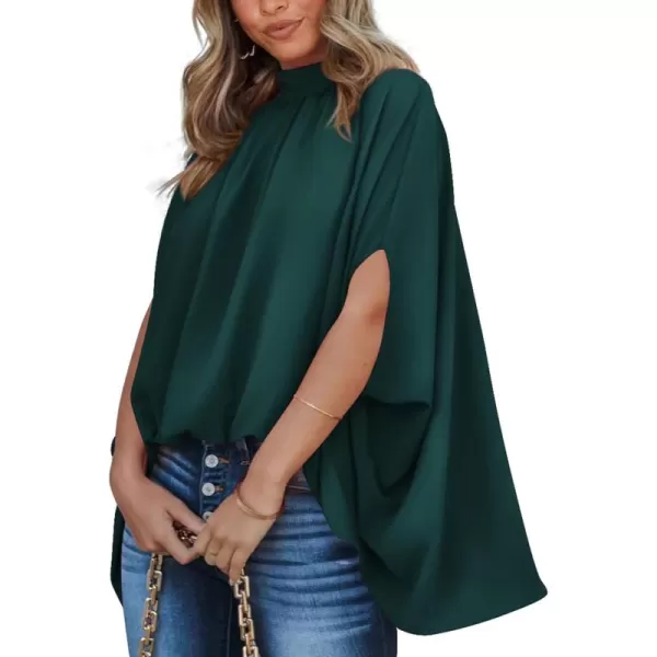 BTFBM Women Mock Neck Batwing Short Sleeve Summer Tops 2024 Spring Loose High Low Hem Casual Oversize Blouses Shirts TopSolid Dark Green