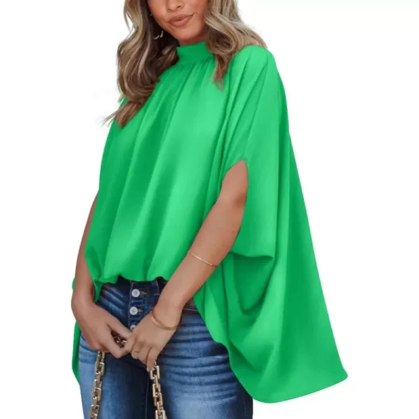 BTFBM Women Mock Neck Batwing Short Sleeve Summer Tops 2024 Spring Loose High Low Hem Casual Oversize Blouses Shirts TopSolid Grass Green
