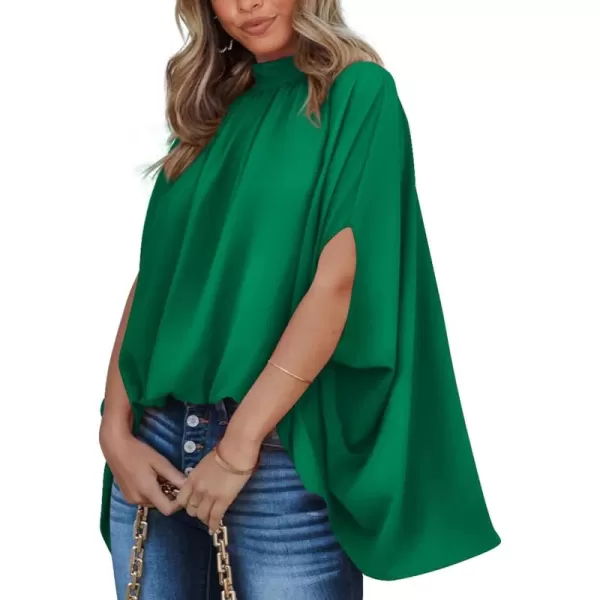 BTFBM Women Mock Neck Batwing Short Sleeve Summer Tops 2024 Spring Loose High Low Hem Casual Oversize Blouses Shirts TopSolid Green