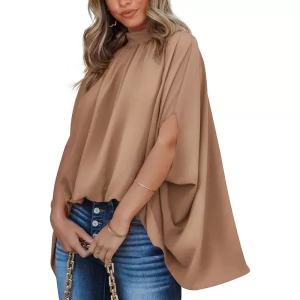 BTFBM Women Mock Neck Batwing Short Sleeve Summer Tops 2024 Spring Loose High Low Hem Casual Oversize Blouses Shirts TopSolid Khaki