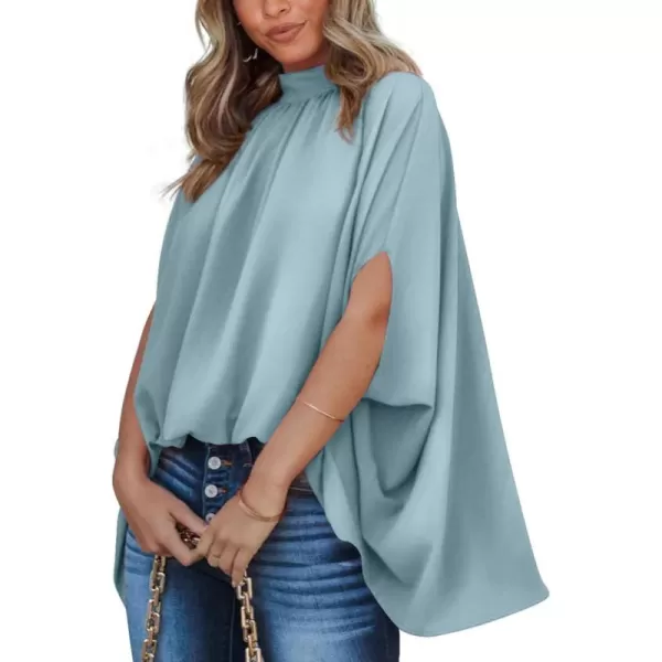 BTFBM Women Mock Neck Batwing Short Sleeve Summer Tops 2024 Spring Loose High Low Hem Casual Oversize Blouses Shirts TopSolid Light Blue