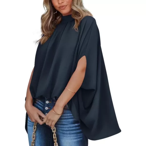 BTFBM Women Mock Neck Batwing Short Sleeve Summer Tops 2024 Spring Loose High Low Hem Casual Oversize Blouses Shirts TopSolid Navy