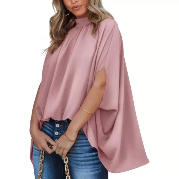 BTFBM Women Mock Neck Batwing Short Sleeve Summer Tops 2024 Spring Loose High Low Hem Casual Oversize Blouses Shirts TopSolid Pink