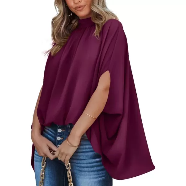 BTFBM Women Mock Neck Batwing Short Sleeve Summer Tops 2024 Spring Loose High Low Hem Casual Oversize Blouses Shirts TopSolid Purple Red