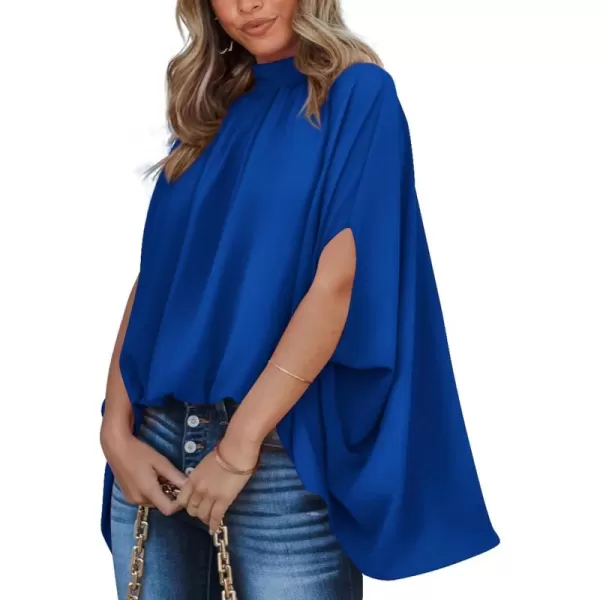 BTFBM Women Mock Neck Batwing Short Sleeve Summer Tops 2024 Spring Loose High Low Hem Casual Oversize Blouses Shirts TopSolid Royal Blue