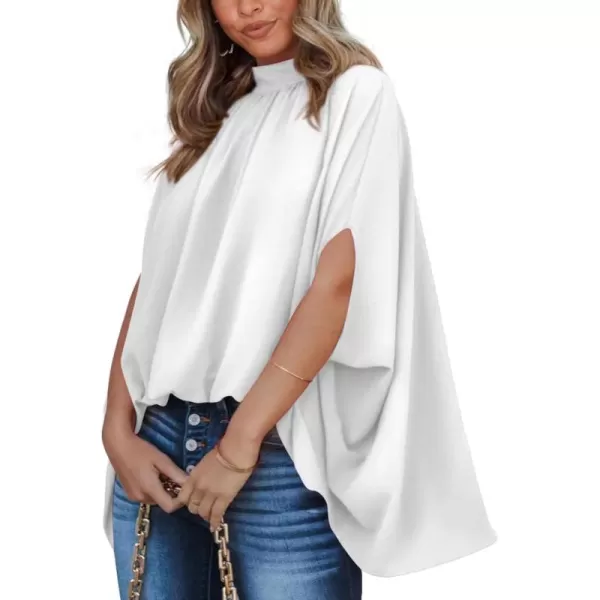 BTFBM Women Mock Neck Batwing Short Sleeve Summer Tops 2024 Spring Loose High Low Hem Casual Oversize Blouses Shirts TopSolid White