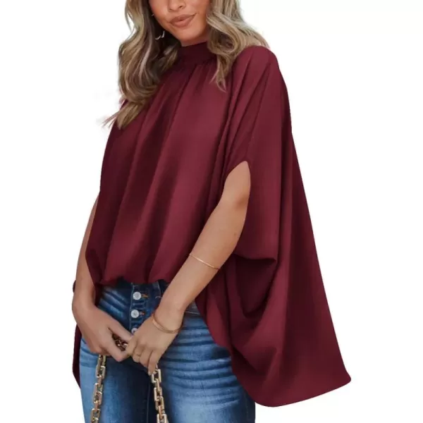 BTFBM Women Mock Neck Batwing Short Sleeve Summer Tops 2024 Spring Loose High Low Hem Casual Oversize Blouses Shirts TopSolid Wine Red
