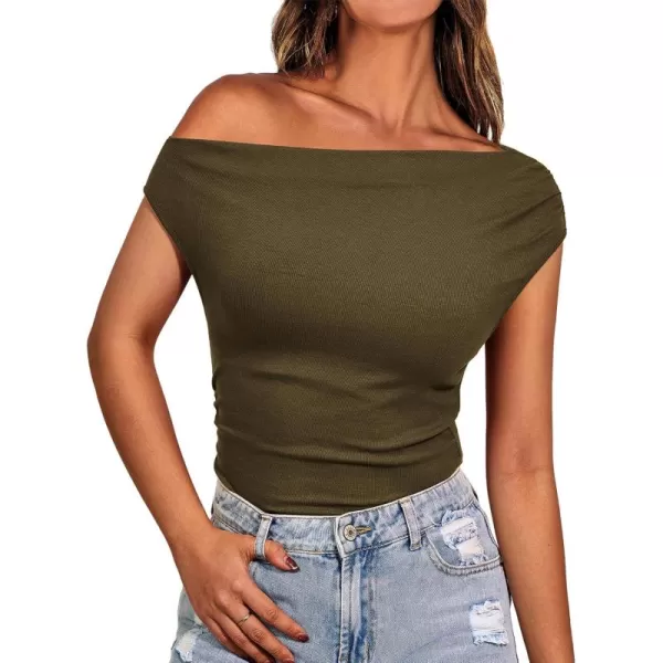 BTFBM Women Off The Shoulder Tops 2024 Summer Sleeveless Ruched Ribbed Shirt Asymmetrical Slim Fit Y2K Going Out TopSolid Army Green