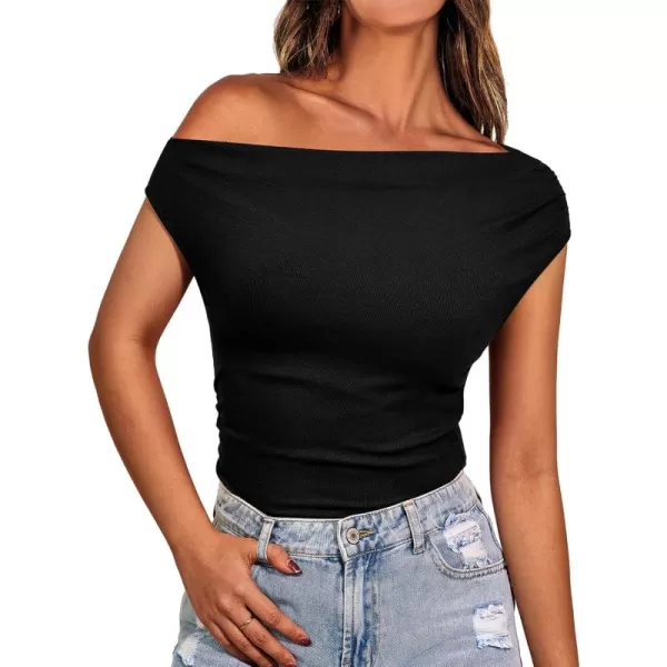 BTFBM Women Off The Shoulder Tops 2024 Summer Sleeveless Ruched Ribbed Shirt Asymmetrical Slim Fit Y2K Going Out TopSolid Black