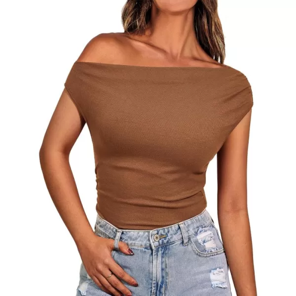 BTFBM Women Off The Shoulder Tops 2024 Summer Sleeveless Ruched Ribbed Shirt Asymmetrical Slim Fit Y2K Going Out TopSolid Brown