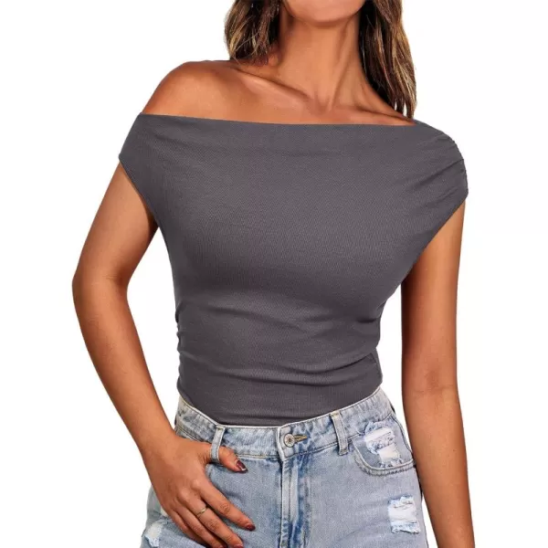 BTFBM Women Off The Shoulder Tops 2024 Summer Sleeveless Ruched Ribbed Shirt Asymmetrical Slim Fit Y2K Going Out TopSolid Dark Grey