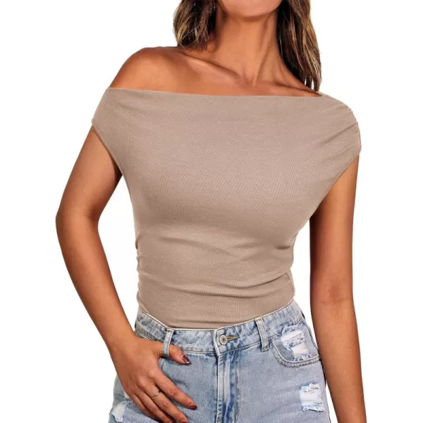 BTFBM Women Off The Shoulder Tops 2024 Summer Sleeveless Ruched Ribbed Shirt Asymmetrical Slim Fit Y2K Going Out TopSolid Khaki