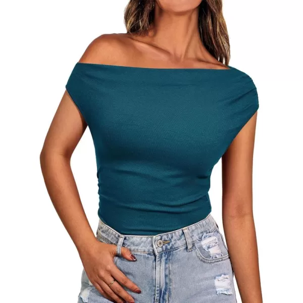 BTFBM Women Off The Shoulder Tops 2024 Summer Sleeveless Ruched Ribbed Shirt Asymmetrical Slim Fit Y2K Going Out TopSolid Lake Blue