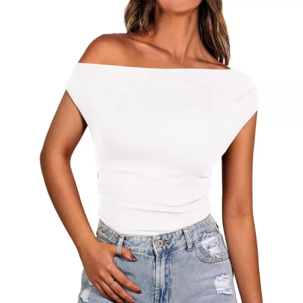 BTFBM Women Off The Shoulder Tops 2024 Summer Sleeveless Ruched Ribbed Shirt Asymmetrical Slim Fit Y2K Going Out TopSolid White
