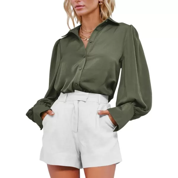 BTFBM Women Satin Button Down Shirts Summer Fall Lantern Long Sleeve Lapel V Neck Blouse Loose Casual Office Work TopsSolid Army Green