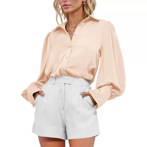 BTFBM Women Satin Button Down Shirts Summer Fall Lantern Long Sleeve Lapel V Neck Blouse Loose Casual Office Work TopsSolid Beige