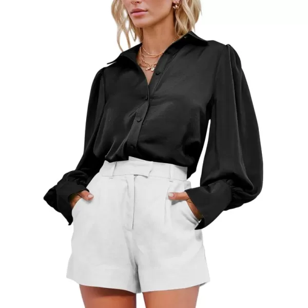 BTFBM Women Satin Button Down Shirts Summer Fall Lantern Long Sleeve Lapel V Neck Blouse Loose Casual Office Work TopsSolid Black