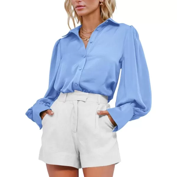 BTFBM Women Satin Button Down Shirts Summer Fall Lantern Long Sleeve Lapel V Neck Blouse Loose Casual Office Work TopsSolid Blue