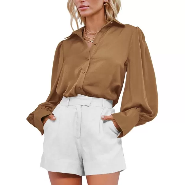 BTFBM Women Satin Button Down Shirts Summer Fall Lantern Long Sleeve Lapel V Neck Blouse Loose Casual Office Work TopsSolid Brown