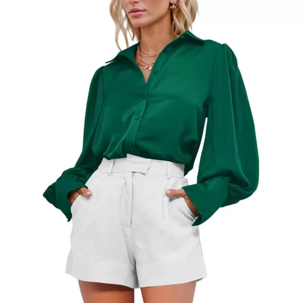 BTFBM Women Satin Button Down Shirts Summer Fall Lantern Long Sleeve Lapel V Neck Blouse Loose Casual Office Work TopsSolid Green