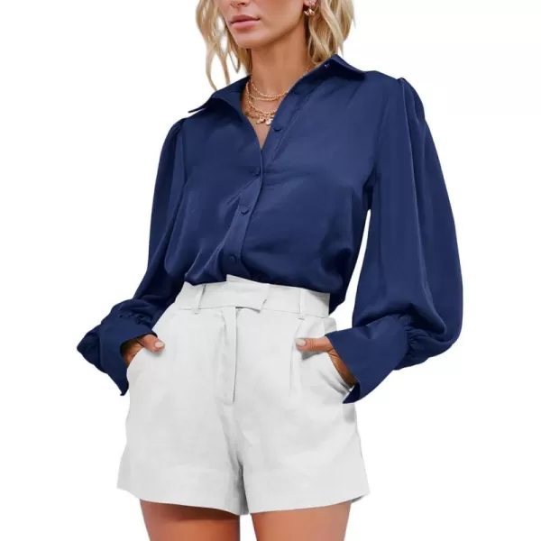 BTFBM Women Satin Button Down Shirts Summer Fall Lantern Long Sleeve Lapel V Neck Blouse Loose Casual Office Work TopsSolid Navy
