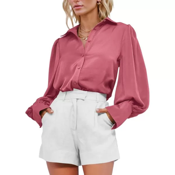 BTFBM Women Satin Button Down Shirts Summer Fall Lantern Long Sleeve Lapel V Neck Blouse Loose Casual Office Work TopsSolid Pink